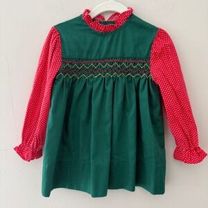 Vintage Polly Flinders Girls Green‎ Red Polkadot Smocked Dress Size T3